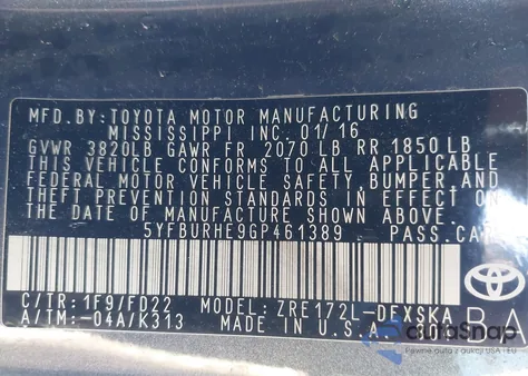 2016 Toyota Corolla S Plus z USA, uszkodzony, nr VIN 5YFBURHE9GP461389